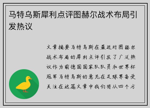 马特乌斯犀利点评图赫尔战术布局引发热议